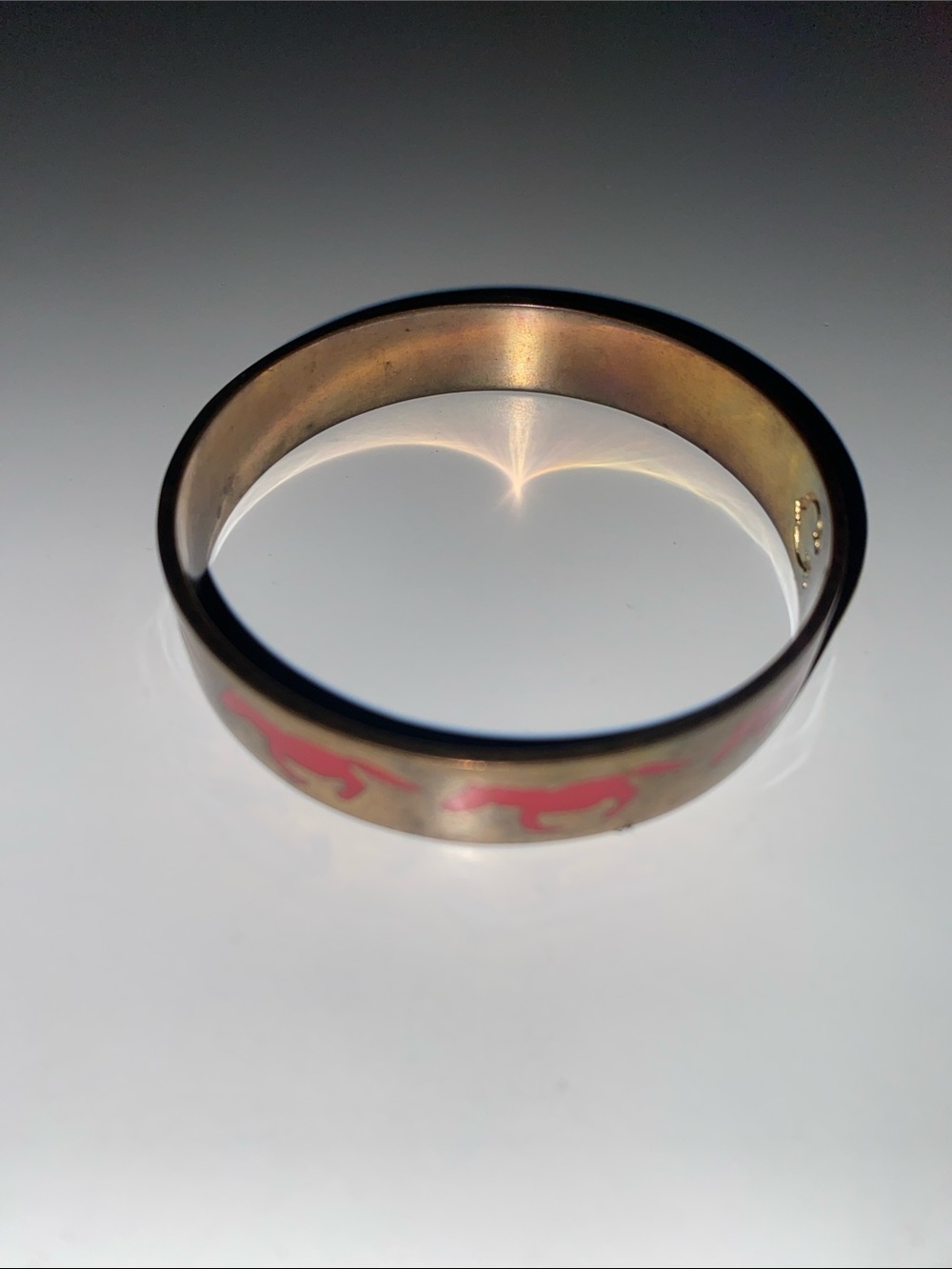 Red Horse Mustang Print Enamel Brass Gold Tone Bangle Bracelet